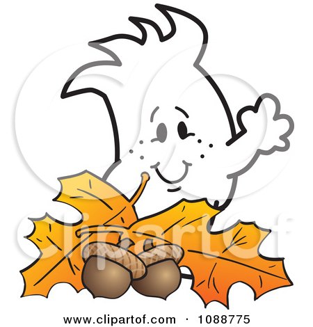 Clipart Squiggle Guy With Autumn Leaves And Acorns - Royalty Free Vector Illustration by Mascot Junction