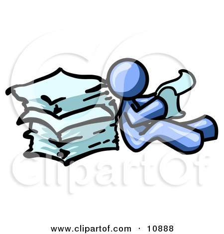 Blue Man Leaning Against a Stack of Papers Clipart Illustration by Leo Blanchette