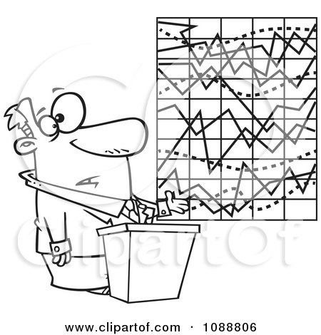 Clipart Outlined Businessman Trying To Explain A Messed Up Chart - Royalty Free Vector Illustration by toonaday