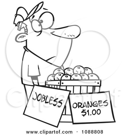 Clipart Outlined Unemployed Man Trying To Sell Oranges - Royalty Free Vector Illustration by toonaday
