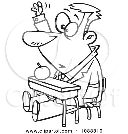 Clipart Outlined Life Long Male Student Raising His Hand In Class - Royalty Free Vector Illustration by toonaday