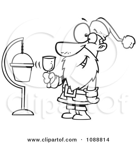 Clipart Outlined Santa Ringing A Bell By A Donation Cup - Royalty Free Vector Illustration by toonaday