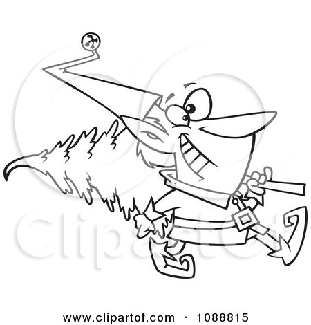 Clipart Outlined Christmas Elf Carrying A Tree - Royalty Free Vector Illustration by toonaday