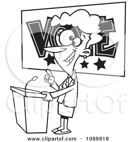 Clipart Outlined Female Politician Giving A Speech Before An Election - Royalty Free Vector Illustration by toonaday