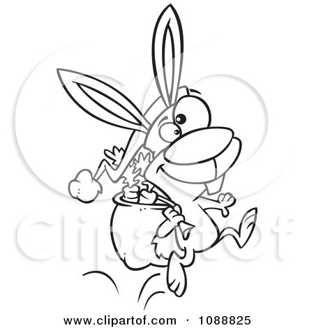 Clipart Outlined Christmas Bunny Hopping With Carrots In His Sack - Royalty Free Vector Illustration by toonaday