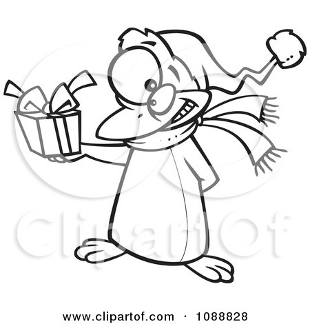 Clipart Outlined Christmas Penguin Giving A Present - Royalty Free Vector Illustration by toonaday