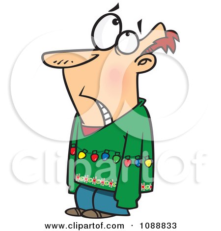 Clipart Embarassed Man Wearing An Ugly Christmas Sweater And Lights - Royalty Free Vector Illustration by toonaday
