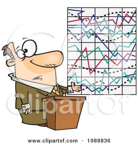 Clipart Businessman Trying To Explain A Messed Up Graph - Royalty Free Vector Illustration by toonaday