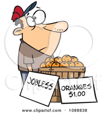 Clipart Unemployed Man Trying To Sell Oranges - Royalty Free Vector Illustration by toonaday