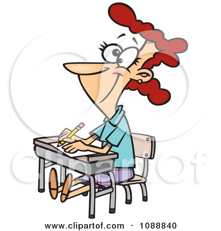 Clipart Life Long Female Student Sitting At Her Desk - Royalty Free Vector Illustration by toonaday