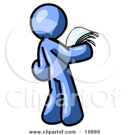 Serious Blue Man Reading Papers and Documents Clipart Illustration by Leo Blanchette