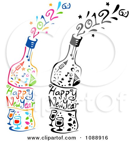 Clipart Colorful And Black And White Happy New Year 2012 Champagne Bottles - Royalty Free Vector Illustration by BNP Design Studio
