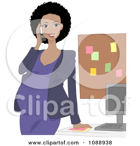 Clipart Black Pregnant Woman Talking On A Phone In Her Office - Royalty Free Vector Illustration by BNP Design Studio