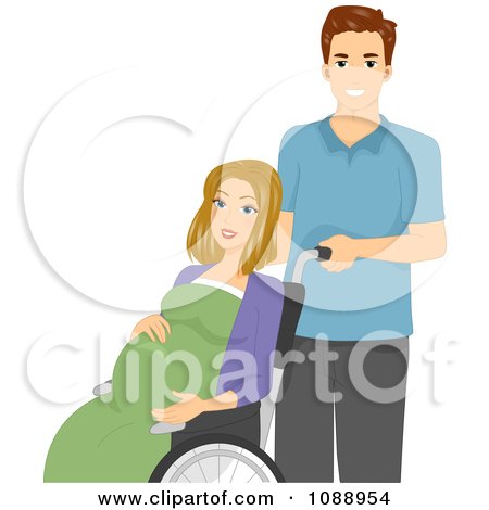 Clipart Husband Pushing His Laboring Pregnant Wife In A Wheelchair - Royalty Free Vector Illustration by BNP Design Studio