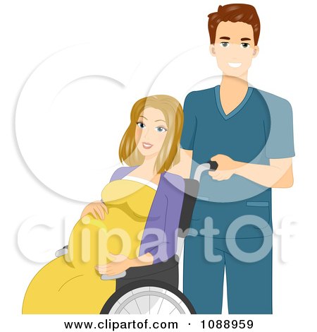 Clipart Male Nurse Pushing A Laboring Pregnant Woman In A Wheelchair - Royalty Free Vector Illustration by BNP Design Studio