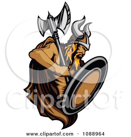 Clipart Strong Viking Warrior Holding An Axe And Shield - Royalty Free Vector Illustration by Chromaco