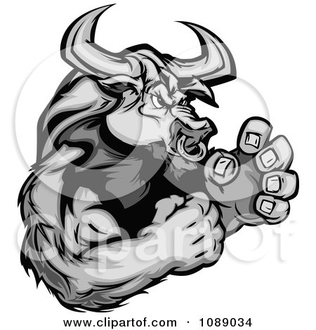 Clipart Tough Grayscale Bull Mascot Fighting - Royalty Free Vector Illustration by Chromaco