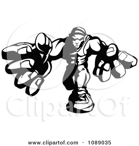 Clipart Black And White Buff Wrestler Lunging Forward - Royalty Free Vector Illustration by Chromaco
