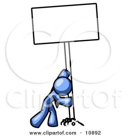 Strong Blue Man Pushing a Blank Sign Upright Clipart Illustration by Leo Blanchette