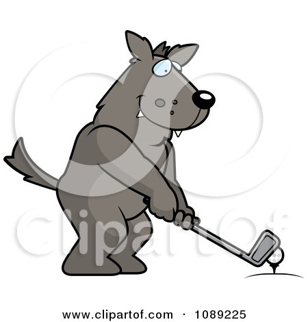 Clipart Golfing Wolf Holding The Club Against The Ball On The Tee - Royalty Free Vector Illustration by Cory Thoman