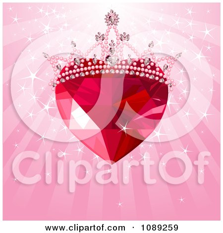 Clipart Ruby Heart Gem With A Crown Over Pink Magic Rays - Royalty Free Vector Illustration by Pushkin