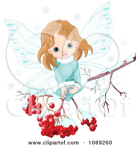 Clipart Winter Fairy Girl Sitting On A Branch With Snow And Berries - Royalty Free Vector Illustration by Pushkin