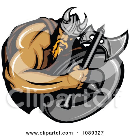 Clipart Viking Warrior Mascot Holding An Axe Over A Shield - Royalty Free Vector Illustration by Chromaco