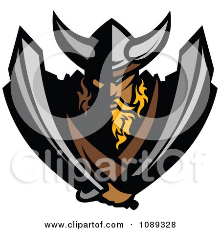 Clipart Tough Viking Warrior Mascot Holding Two Swords - Royalty Free Vector Illustration by Chromaco