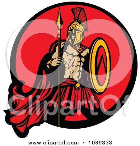 Clipart Spartan Mascot With A Spear And Red Circle - Royalty Free Vector Illustration by Chromaco
