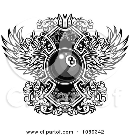 Clipart Black And White Billiards Eight Ball And Ornate Wings - Royalty Free Vector Illustration by Chromaco
