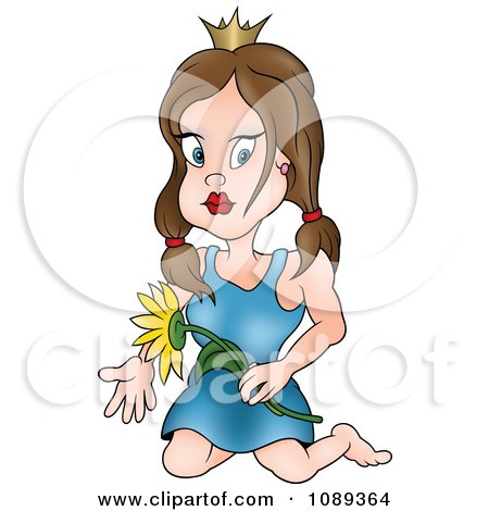 Clipart Kneeling Princess Holding A Sunflower - Royalty Free Vector Illustration by dero