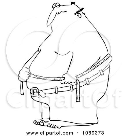 Clipart Outlined Fat Man Measuring His Belly Fat - Royalty Free Vector Illustration by djart