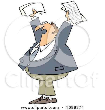 Clipart Business Man Holding Up Documents And Shouting - Royalty Free Vector Illustration by djart