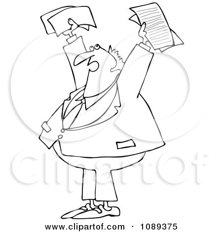 Clipart Outlined Business Man Holding Up Documents And Shouting - Royalty Free Vector Illustration by djart