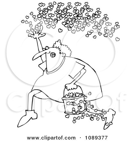 Clipart Outlined Cupid Running With A Bucket Of Hearts And Tossing Them In The Air - Royalty Free Vector Illustration by djart