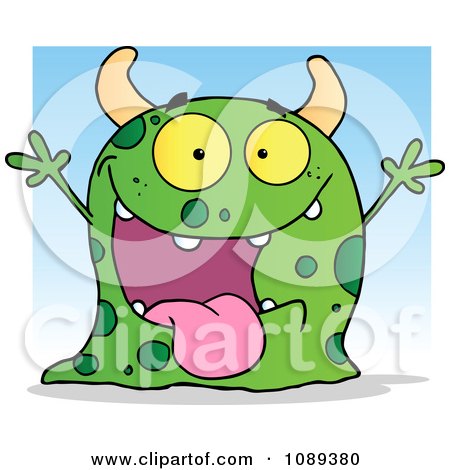 Clipart Excited Green Spotted Monster Over A Blue Square - Royalty Free Vector Illustration by Hit Toon