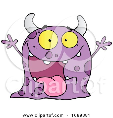 Clipart Excited Purple Speckled Monster Holding Up Its Arms - Royalty Free Vector Illustration by Hit Toon