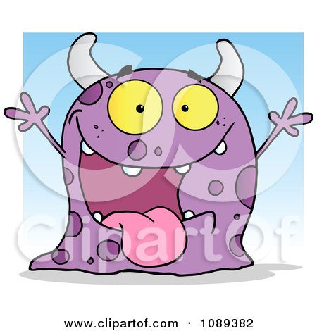 Clipart Excited Purple Spotted Monster Over A Blue Square - Royalty Free Vector Illustration by Hit Toon