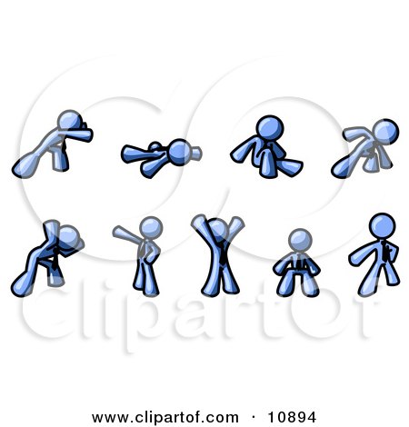 Blue Man Doing Different Exercises and Stretches in a Fitness Gym Clipart Illustration by Leo Blanchette