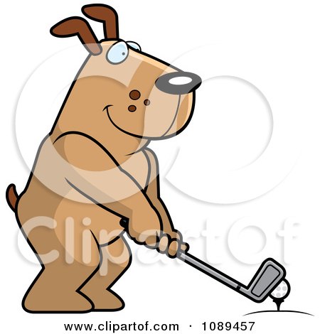 Clipart Golfing Dog Holding The Club Against The Ball On The Tee - Royalty Free Vector Illustration by Cory Thoman