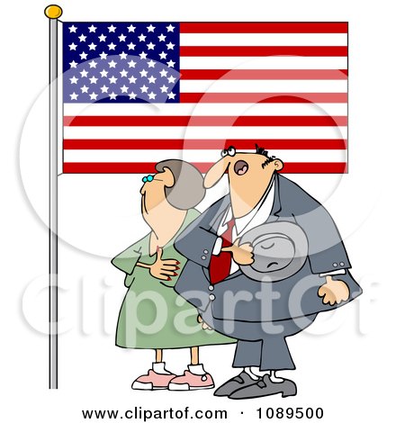 Clipart Woman And Man Pledging Their Allegiance To The American Flag - Royalty Free Vector Illustration by djart
