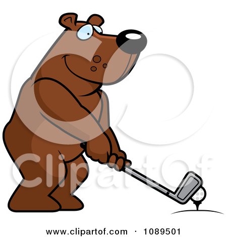 Clipart Golfing Bear Holding The Club Against The Ball On The Tee - Royalty Free Vector Illustration by Cory Thoman