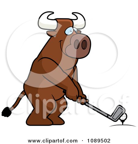 Clipart Golfing Bull Holding The Club Against The Ball On The Tee - Royalty Free Vector Illustration by Cory Thoman