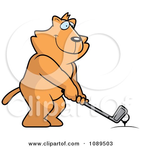 Clipart Golfing Cat Holding The Club Against The Ball On The Tee - Royalty Free Vector Illustration by Cory Thoman
