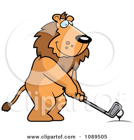 Clipart Golfing Lion Holding The Club Against The Ball On The Tee - Royalty Free Vector Illustration by Cory Thoman