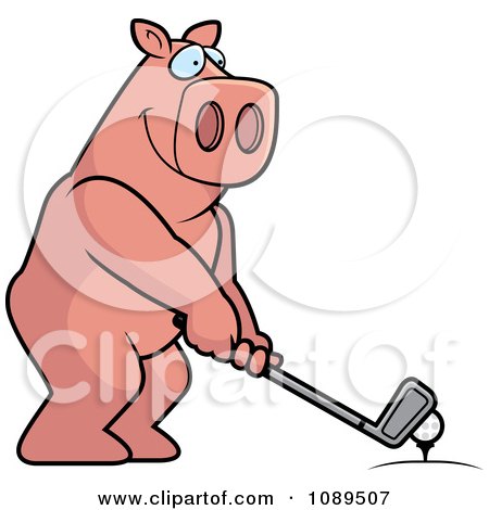 Clipart Golfing Pig Holding The Club Against The Ball On The Tee - Royalty Free Vector Illustration by Cory Thoman