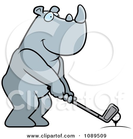 Clipart Golfing Rhino Holding The Club Against The Ball On The Tee - Royalty Free Vector Illustration by Cory Thoman