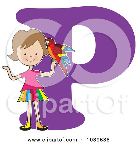 Clipart Alphabet Girl Holding A Partot Over Letter P - Royalty Free Vector Illustration by Maria Bell