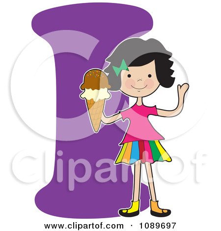 Clipart Alphabet Girl Holding Ice Cream Over Letter I - Royalty Free Vector Illustration by Maria Bell