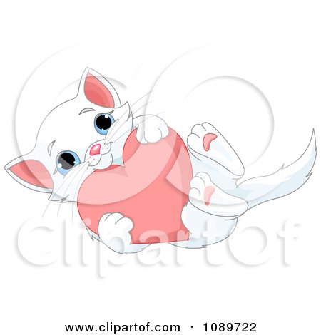 Clipart Cute White Kitten Hugging A Valentine Heart - Royalty Free Vector Illustration by Pushkin
